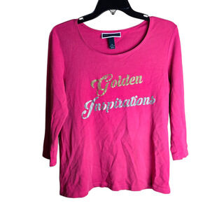 Women’s Medium Karen Scott Pink Glitter Graphic Scoop Neck 3/4 Sleeve Shirt